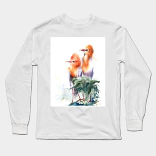 Watercolor Cattle Egret Print Long Sleeve T-Shirt